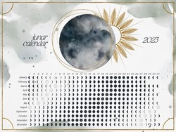 Horizontal Lunar Calendar of 2023 for Northern Hemisphere. Moon calendar with watercolor lunar phases and golden celestial elements. High quality poster