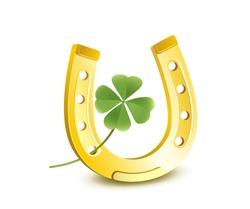 Horseshoe with shamrock,
New Year and Lucky Charms Card,
Vector illustration isolated on white background
