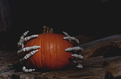 Skeleton hands grabbing Halloween orange pumpking in a dark