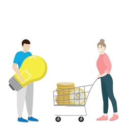 Little guy in full growth with a big light bulb in his hands, a girl with a cart and a stack of big yellow coins, flat vector, isolate on white, electricity, energy resource