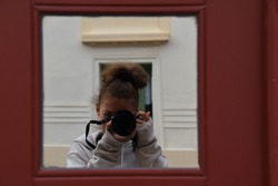 Photography my beloved hobby, a little cute girl taking photo, window reflection, mirror, nikon and canon, artist, art, lessons and courses, face behind camera, portrait, lens, selfie, photographer
 