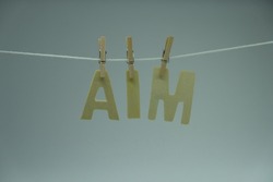 Word 'Aim' on white background. 'Aim' is defined as the point, target, direction, person or thing that is meant to be hit or achieved. Concept for learning, education, and preschool.