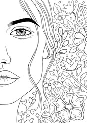 Hand drawing coloring for kids and adults. Beautiful drawings with patterns and small details. Coloring book picture with beautiful girl face, flowers and tropical leaves. Vector