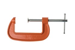 Opened orange C-clamp, G-clamp, metal clamp, isolated on white background