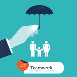 Vector hand protecting a family with an umbrella. Vector illustration Eps10 file. Global colors. Text and Texture in separate layers.