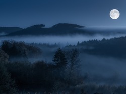 The chilling scenery of forested hills in fog with the full moon in the blue sky at night time - werewolves horror twilight concept