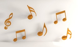 A 3D rendering illustration of yellow music notes on a white background