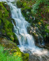 Stream and waterfall through moss covered rocks