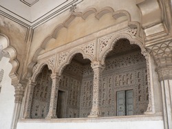 The entrance to Agra Fort in Agra, India with intricate stonework and decorations