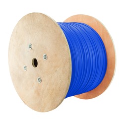 Roll of outdoor blue fiber optic signal shielded cable is on a white background  Wooden Coils of powerful blue telecommunications wire 