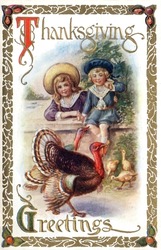 A vertical illustration of two children sitting at a fence watching a turkey on a vintage Thanksgiving theme postcard