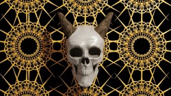 A closeup shot of a white human skull sculpture with horns against a black and gold damask