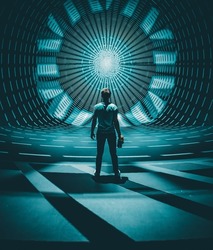 A man standing in front of symmetrical light projection