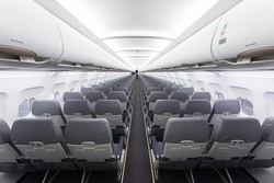 Typical interior of commercial passenger airplane Airbus A320