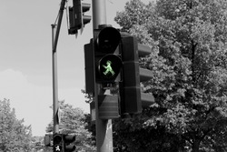 A greyscale shot of the green signal for pedestrians