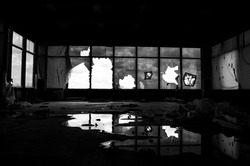 A greyscale shot of an abandoned office building