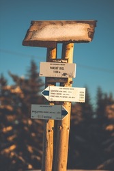 A close-up shot of sings showing directions hanging on two wooden poles with snow on its top against blurry background of pine trees and blue sky