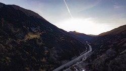 A scenic view of the road in the Rockies at sunrise, Colorado, USA