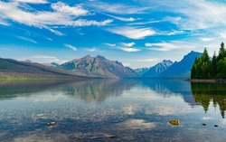 A scenic view of the calm   serene morning at Lake McDonald in Glacier National Park