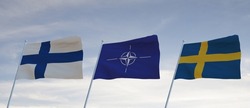 Flags of SWEDEN NATO AND FINLAND waving with cloudy blue sky background,3D rendering war 3