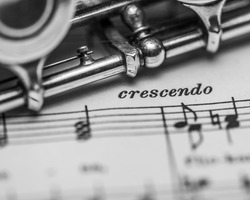 A grayscale closeup of the music instrument on the paper with the word crescendo meaning growing 