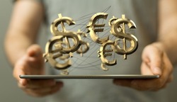 A 3d rendering design of a golden euro and dollar signs on a tablet in young man's hands
