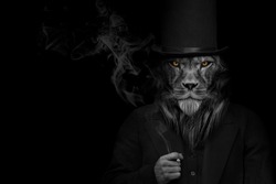 The grayscale shot of the lion with a human body in a dark coat against the black background 