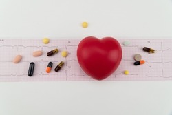 A top shot of a heart-shaped antistress pulse sponge next to some pills on a cardiogram 