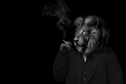 A grayscale portrait of a formidable lion in a suit smoking with human hands