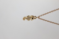 A vertical closeup of a golden seahorse necklace with shiny stones
