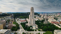 An aerial view of the University of Pittsburgh surrounding with buildings, PA
