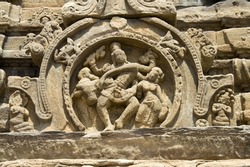 A sculptural panel of dancing Shiva with Parvathi and Nandi at Pattadakal, District Bagalkot, Karnataka, India