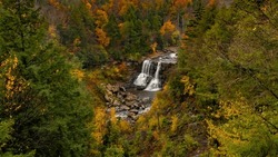 An aerial view of Blackwater Falls with the autumn forest around  in State Park in West Virginia