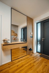 A contemporary entranceway with a large mirror and dark wooden flooring, perfect for a modern home