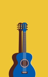 Vector illustration of a blue guitar on a yellow background. Minimalistic illustration in trendy colors. Musical concept.