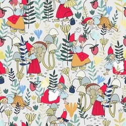 Seamless pattern with funny female gnome gathering berries, mushrooms, flowers. Fairy tale elf girls in red hats and wooden shoes in the forest. Vector illustration for children