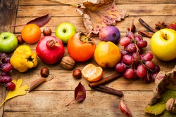 Assortment of fruits,grapes and nuts.Autumn fruits.Autumn seasonal harvest