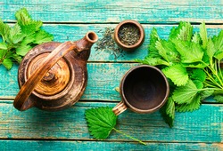 Herbal tea with nettle leaves.Herbal medicine,homeopathy.Homeopathic herbs