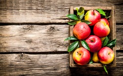 Fresh red apples in the wooden box.  On wooden background. Free space for text . Top view