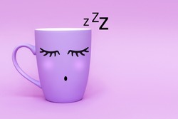 Sleeping purple coffee cup against purple background. Sweet dreams and good night, weekend concept. Minimalism style, front view, copy space.