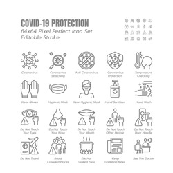 Simple Set of Covid-19 Protection Line Outline Icons. such Icons as Mask, Gloves, Coronavirus Prevention, Hygienic, Avoid Close Contact, Social Distancing etc. 64x64 Pixel Perfect. Editable Stroke.