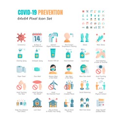 Simple Set of Coronavirus Prevention COVID-19 Flat Icons. such Icons as Gloves, Mask, Social Distancing, Stay Home, Quarantine, Avoid Close Contact, Work From Home, Paper Towel. 64x64 Pixel. Vector.
