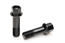 black wheel bolts, car fasteners. isolate on a white background, close-up