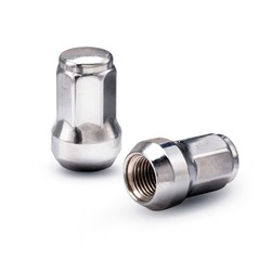 new chrome-plated seven-sided wheel nuts, automotive wheel fasteners isolate on a white background