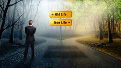 businessman has to decide between old life and new life
