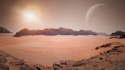 Landscape of an exoplanet with a sun and planets in the sky. Orange atmosphere.