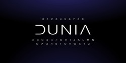 dunia , an Abstract technology space font and alphabet. techno effect fonts designs. Typography digital sci-fi concept. vector illustration