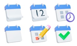 Calendar icon set. Calendars with a bent or straight page, date, time, highlight important date, check mark. Isolated 3d icons, objects on a transparent background