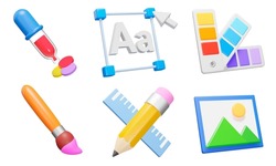 Graphic design 3d icon set. Tools for art and graphics, creativity and creation, digital creativity. web development. Isolated icons, objects on a transparent background