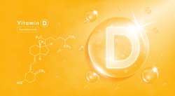 Drop water vitamin D orange and structure. Vitamin complex with Chemical formula from nature. Beauty treatment nutrition skin care design. Medical and scientific concepts. 3D Realistic Vector EPS10.